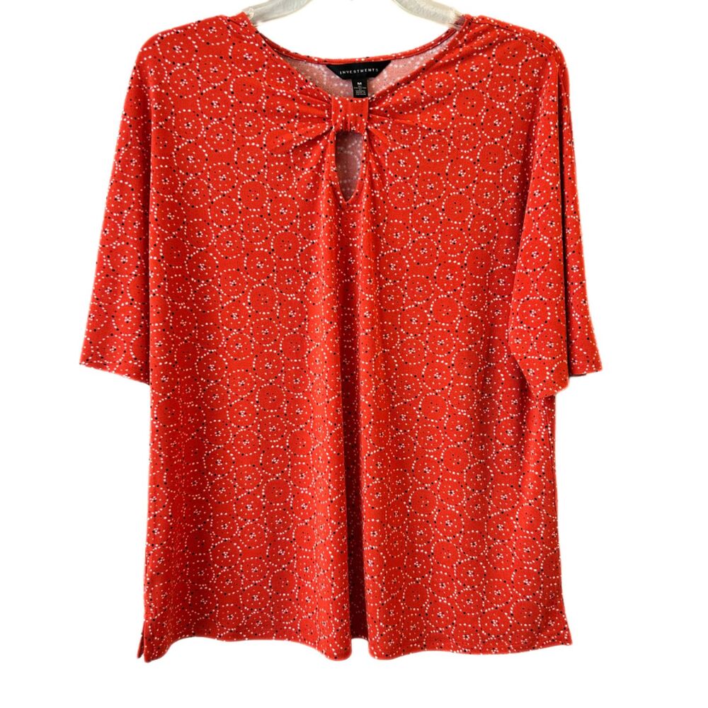 Investments Short Sleeve Polka Dot Print Blouse Orange Round Neck Top Size M